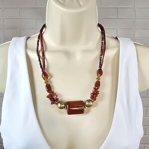 Coldwater Creek Red Jasper and Gold Tone Beaded Necklace